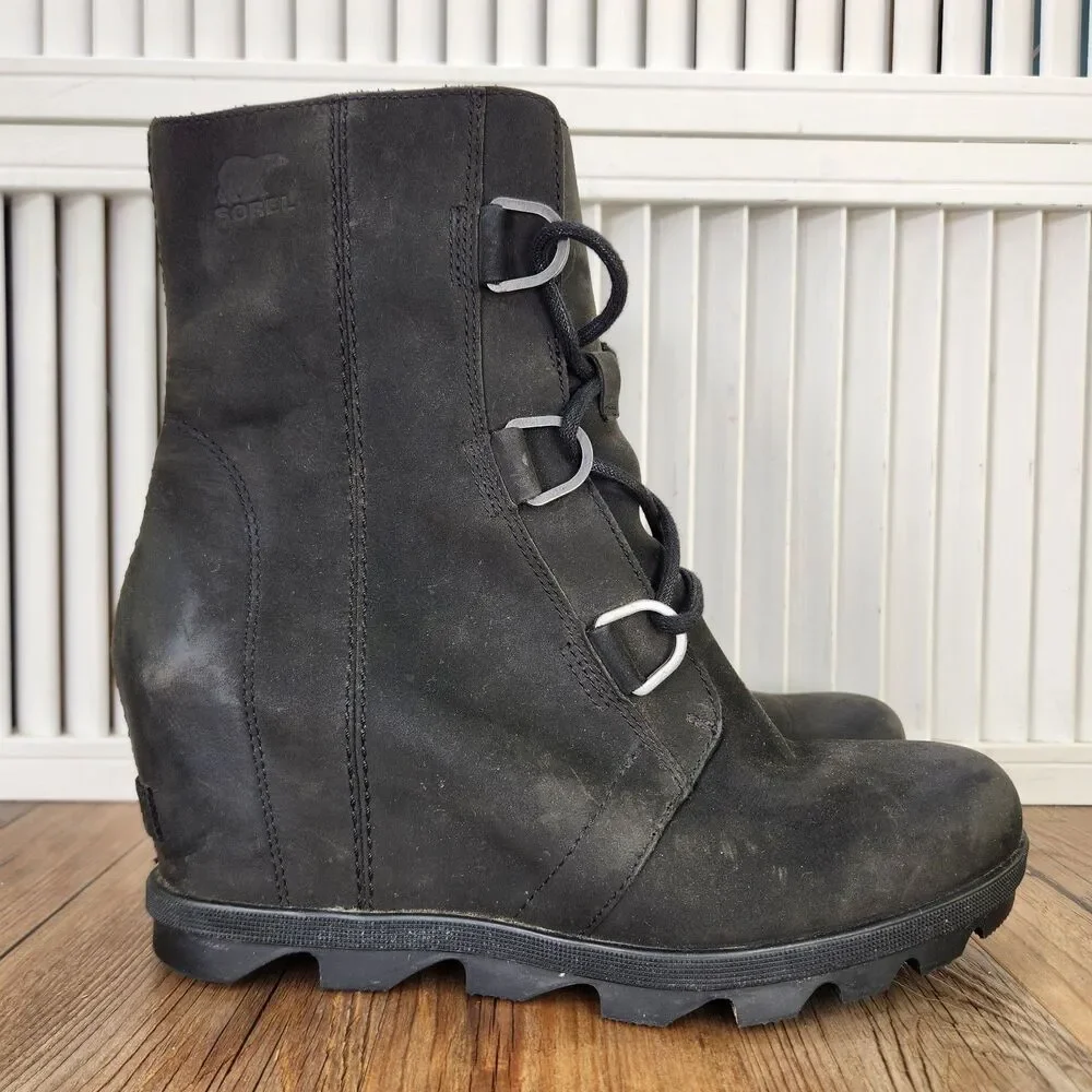 Sorel Joan of Artic Wedge II Womens Sz 10.5 Black Leather Waterproof Ankle Boots